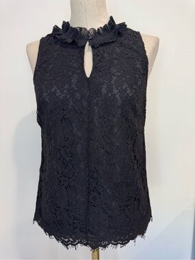 J Crew Black Lace Ruffle-Neck Sleeveless Top Size XXS